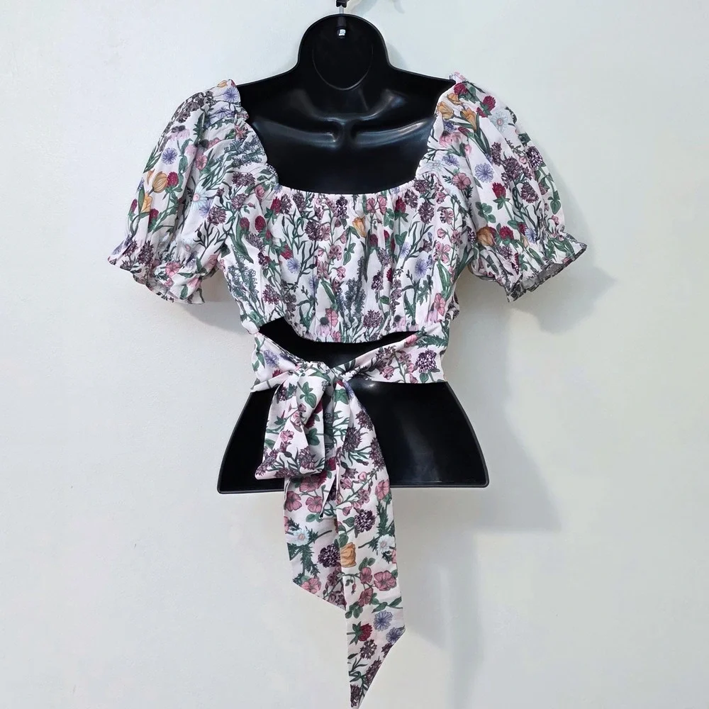 Cider Floral Puff Sleeve Milkmaid Crop Top Sz S Tie Back Bow Cottage Coquette - Picture 3 of 8